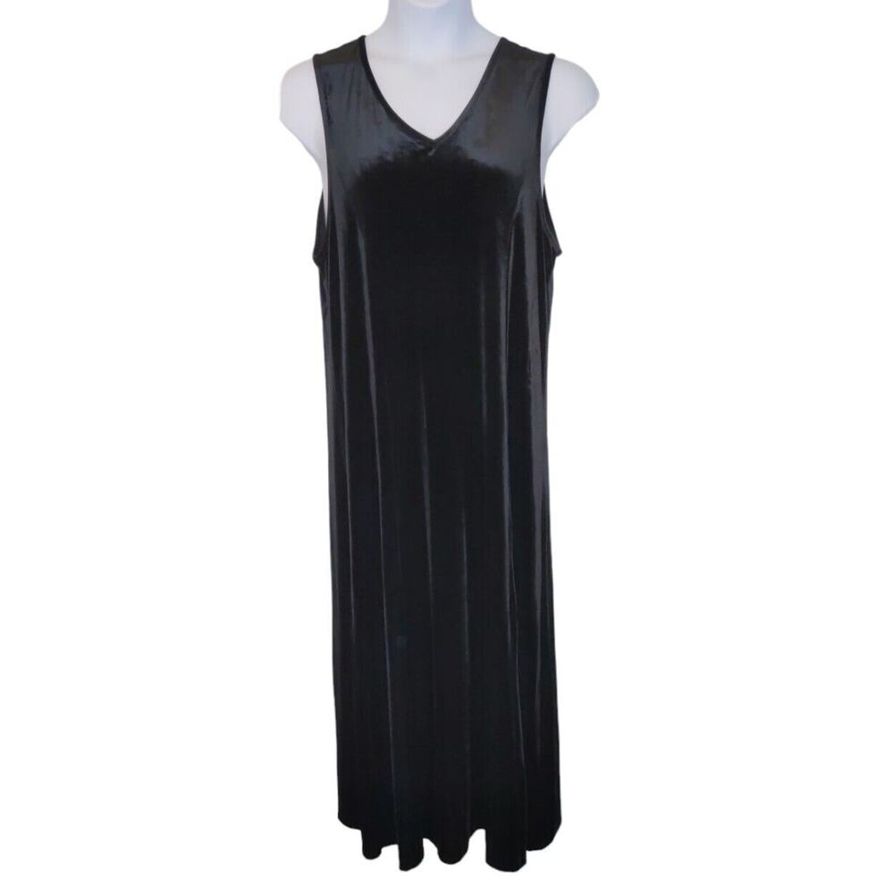 Talbots Velour Velvet Maxi Dress Women's Size L Black Sleeveless V-Neck Stretch